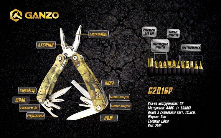Мультитул камуфляжный Ganzo Multi Tool G2016-P