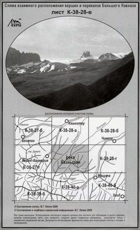 Литература - Карта взаимного расположение вершин и перевалов Большого Кавказа "Река Хазныдон"